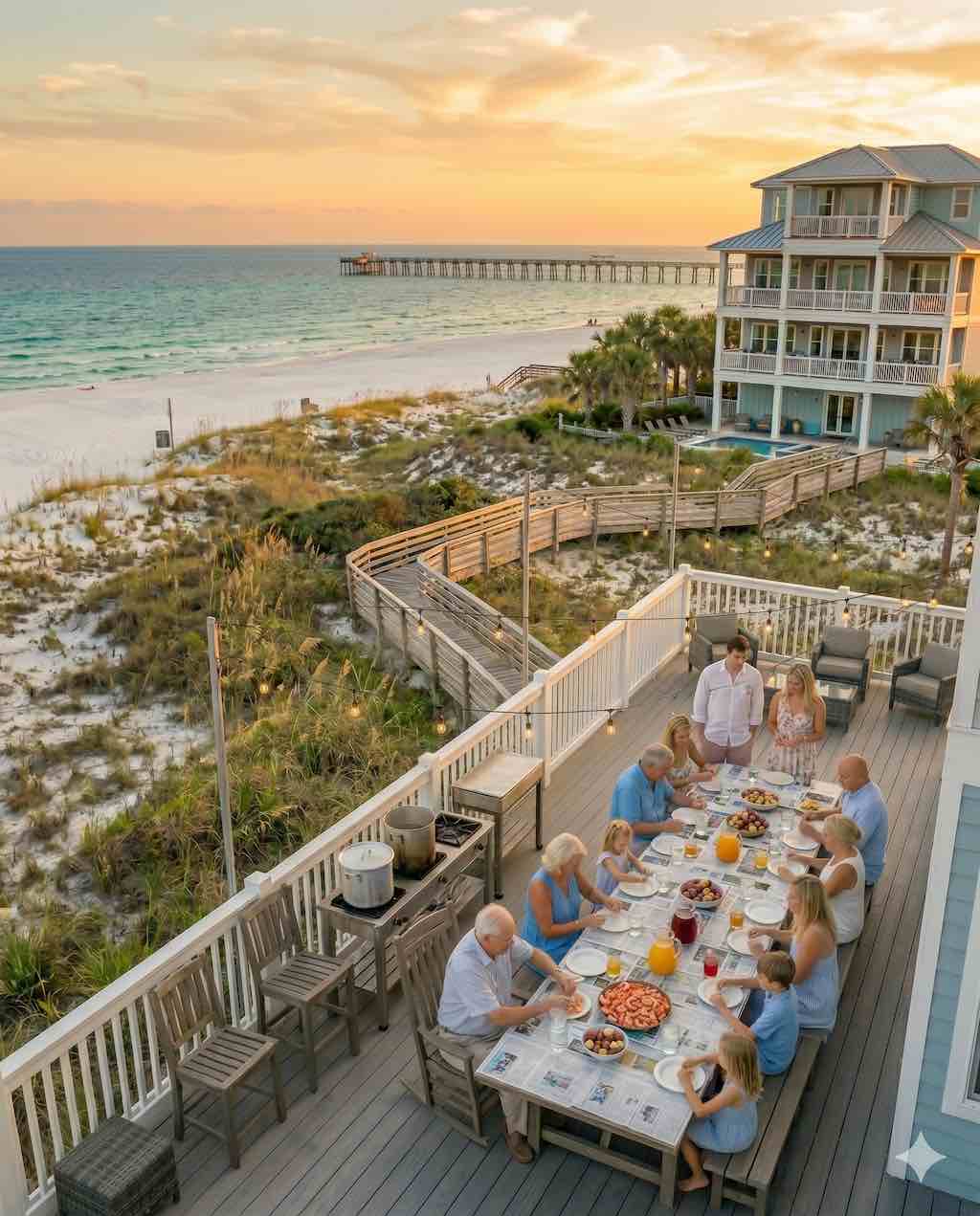 Large family group enjoying a low-country boil on a Gulf Shores beach house deck