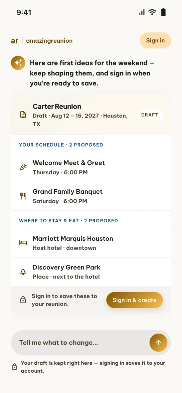 Draft proposal card for the Carter Reunion with proposed events and places to stay, and a Sign in and create button