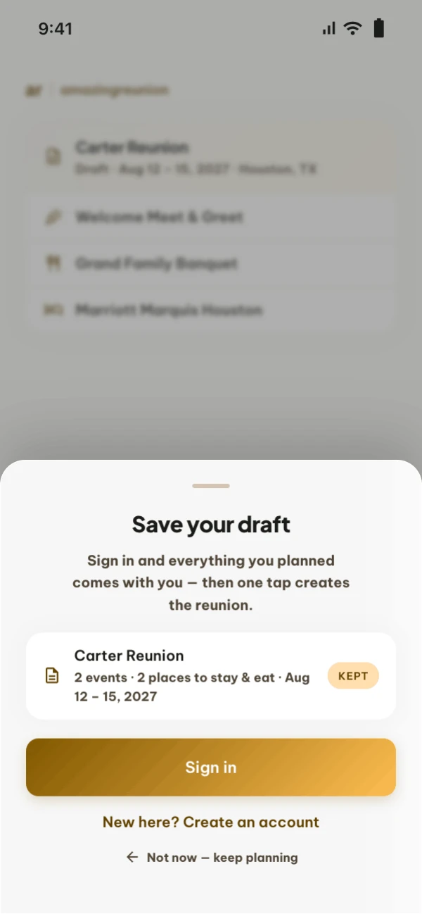 Save your draft sheet showing the Carter Reunion draft kept, with Sign in and Create an account buttons