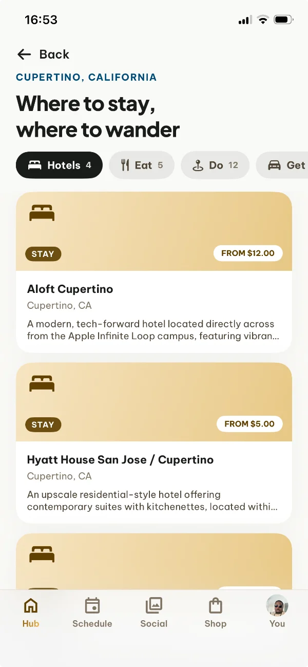 Where to stay screen for Cupertino, California listing hotels, places to eat, things to do and getting around