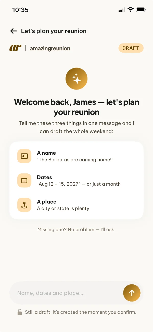 Planning helper screen asking for a reunion name, dates and a place to draft the weekend