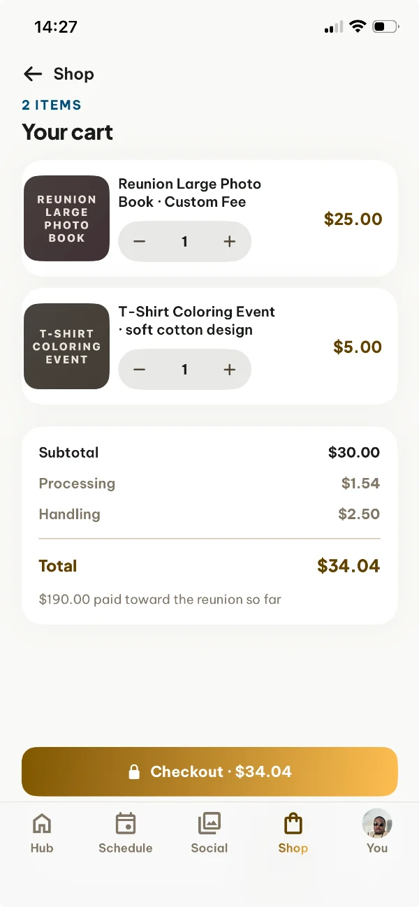 Guest cart with a reunion photo book and a T-shirt coloring event, with a checkout button