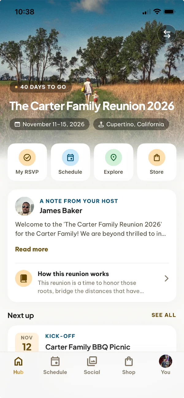 Guest view of the AmazingReunion app: The Carter Family Reunion 2026 home with countdown, quick actions and a note from the host