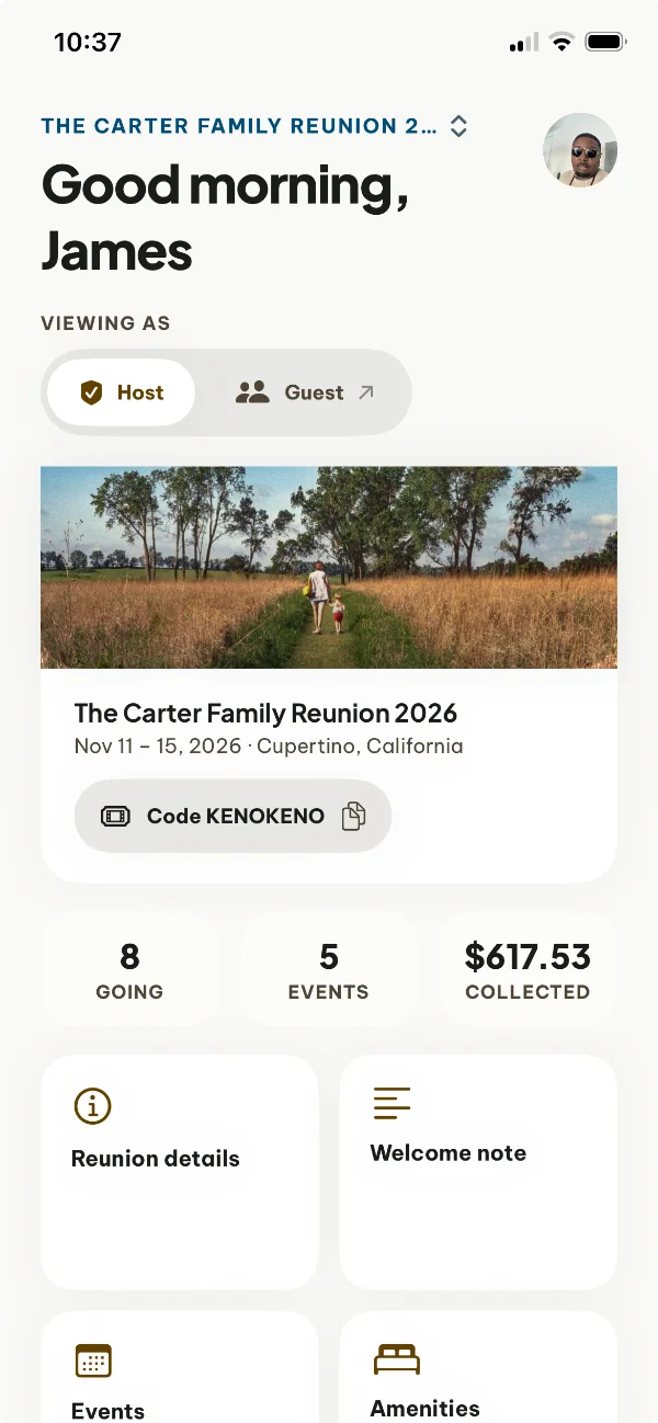 Host view of the AmazingReunion app: The Carter Family Reunion 2026 with its reunion code, 8 going, 5 events and $617.53 collected