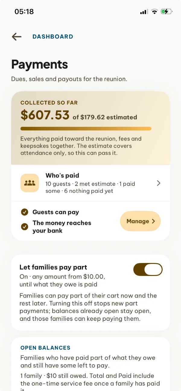 Host payments screen showing money collected so far, who has paid and an option to let families pay part