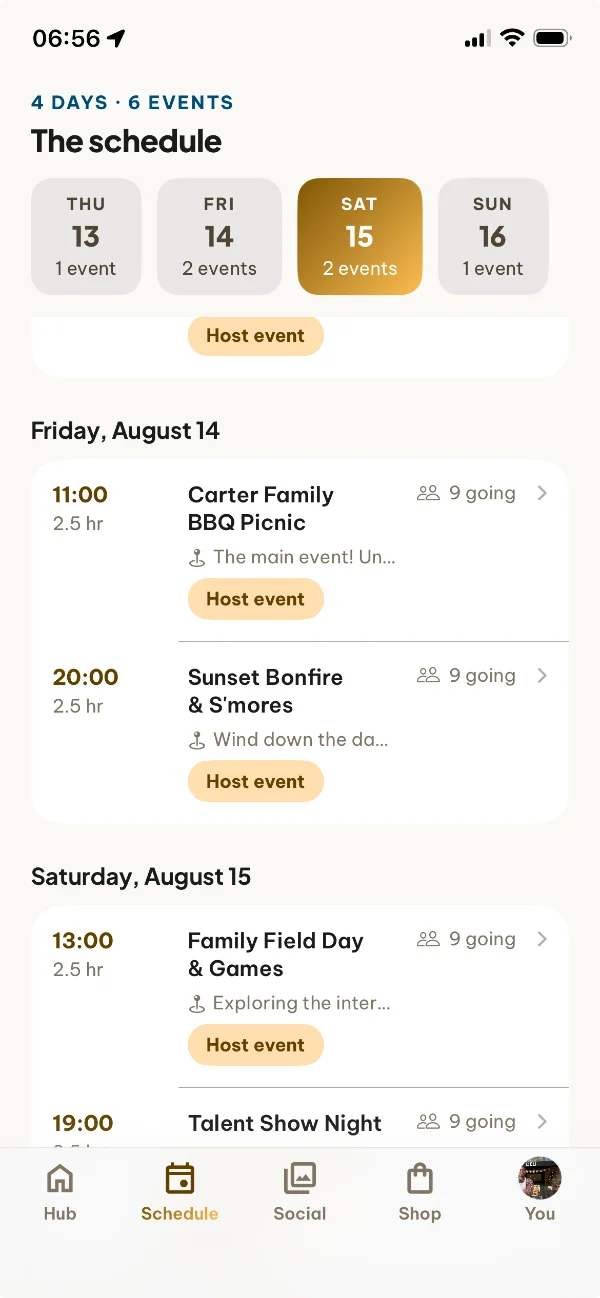 Reunion schedule screen showing four days of Carter Family events, including a BBQ picnic and a sunset bonfire