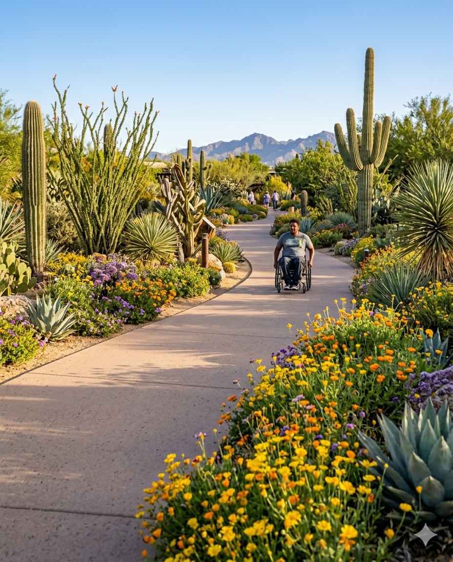 Paved accessible trail through Desert Botanical Garden with saguaro cacti