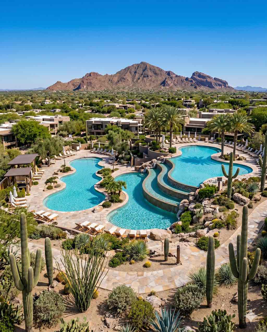 Scottsdale resort pool area with desert mountain backdrop