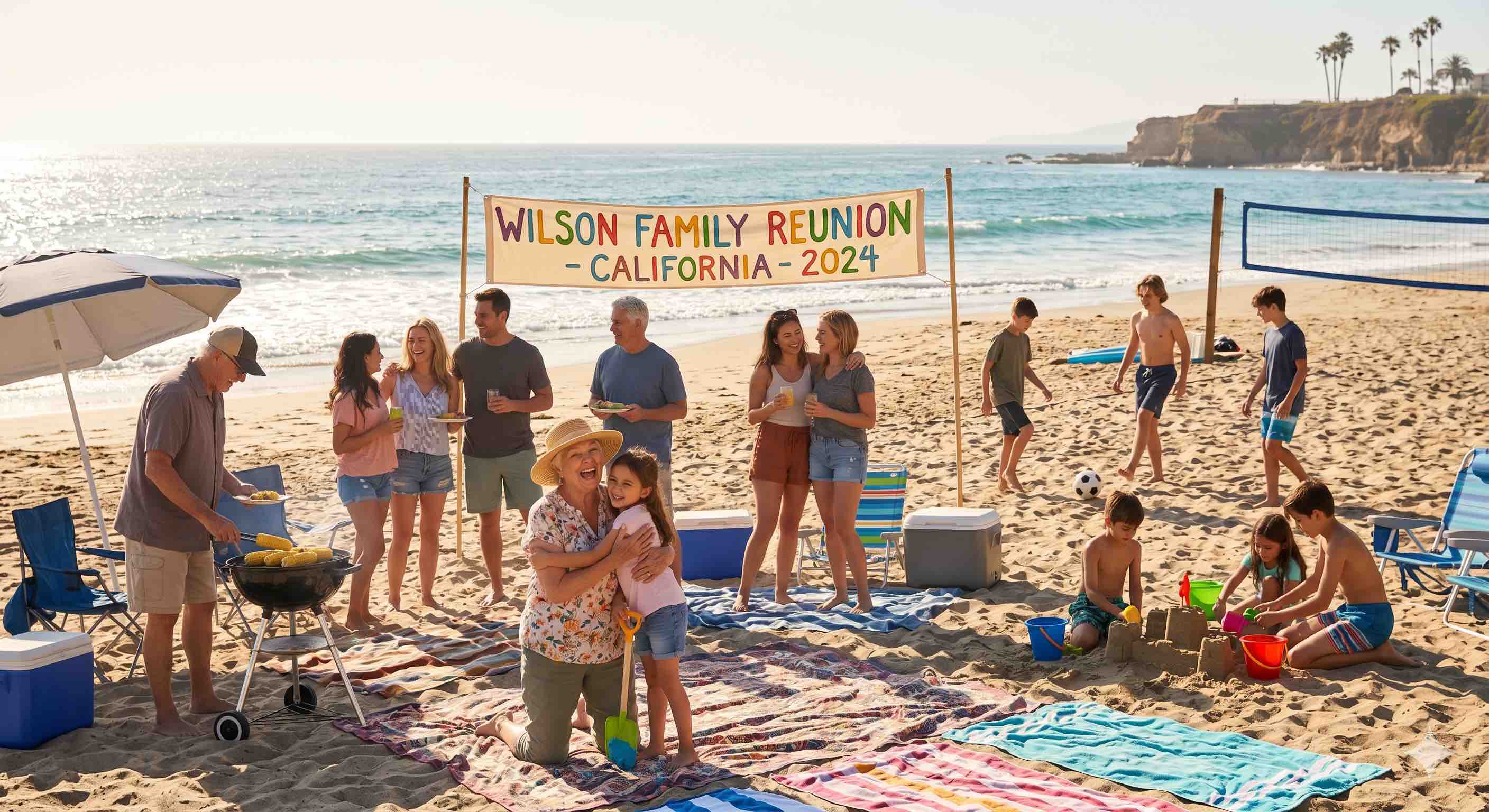 Large family group enjoying a California beach reunion with Pacific Ocean in the background