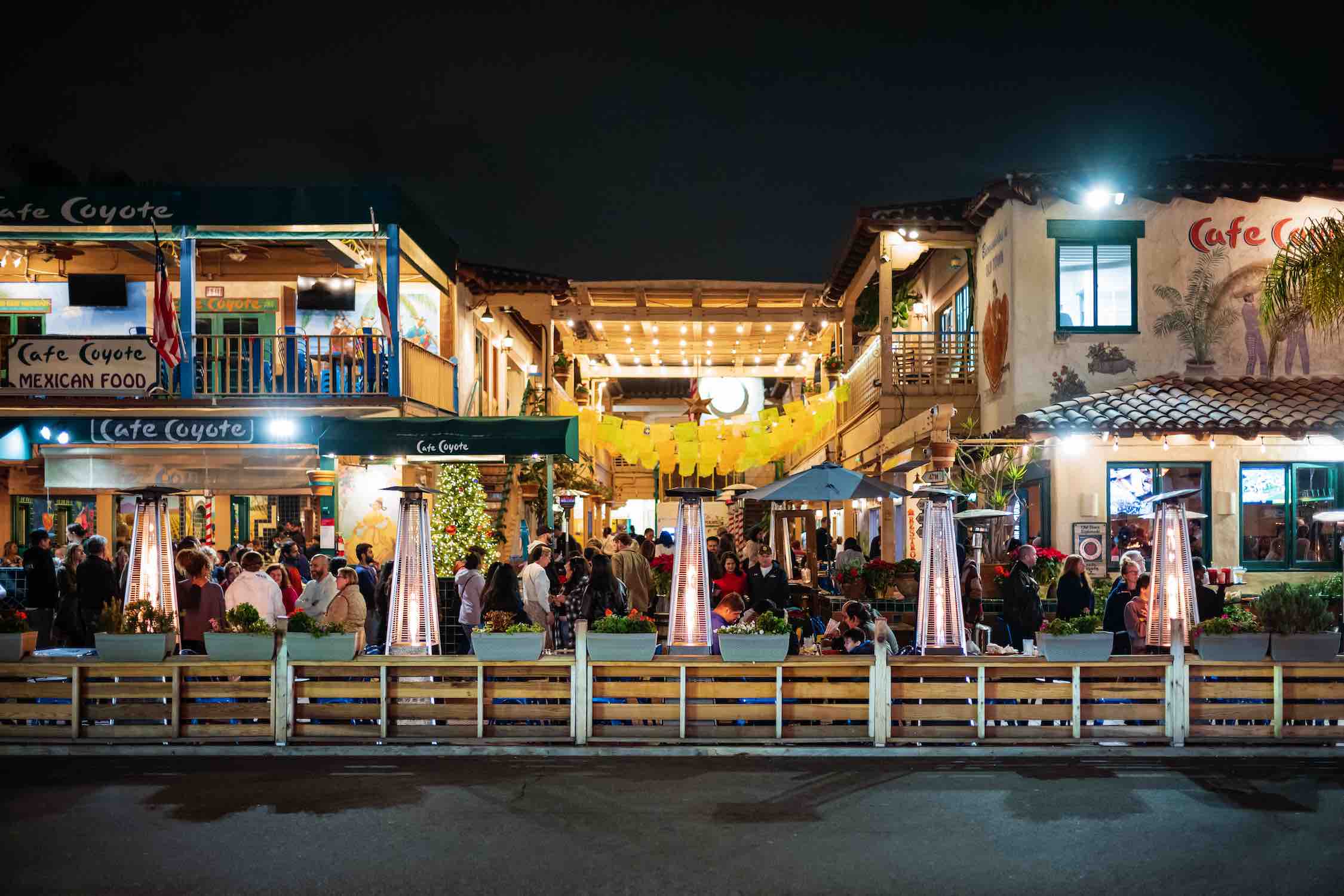 Group dining on a California restaurant patio