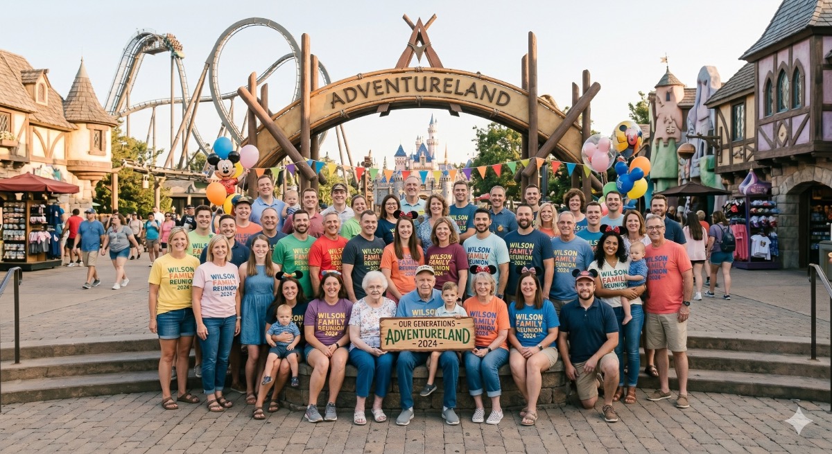 A large family reunion in matching shirts at a park entrance