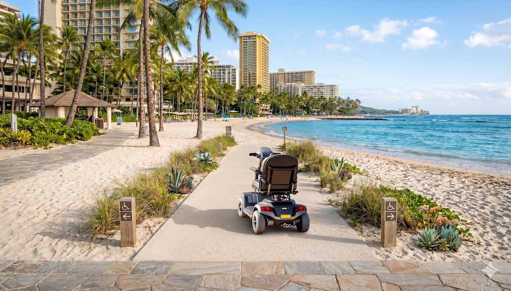 Accessible beach with wheelchair mat leading to the ocean in Waikiki