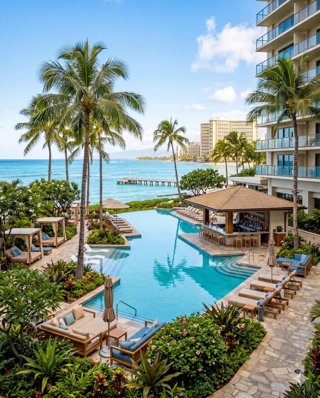 Resort pool area in Waikiki with palm trees and ocean view