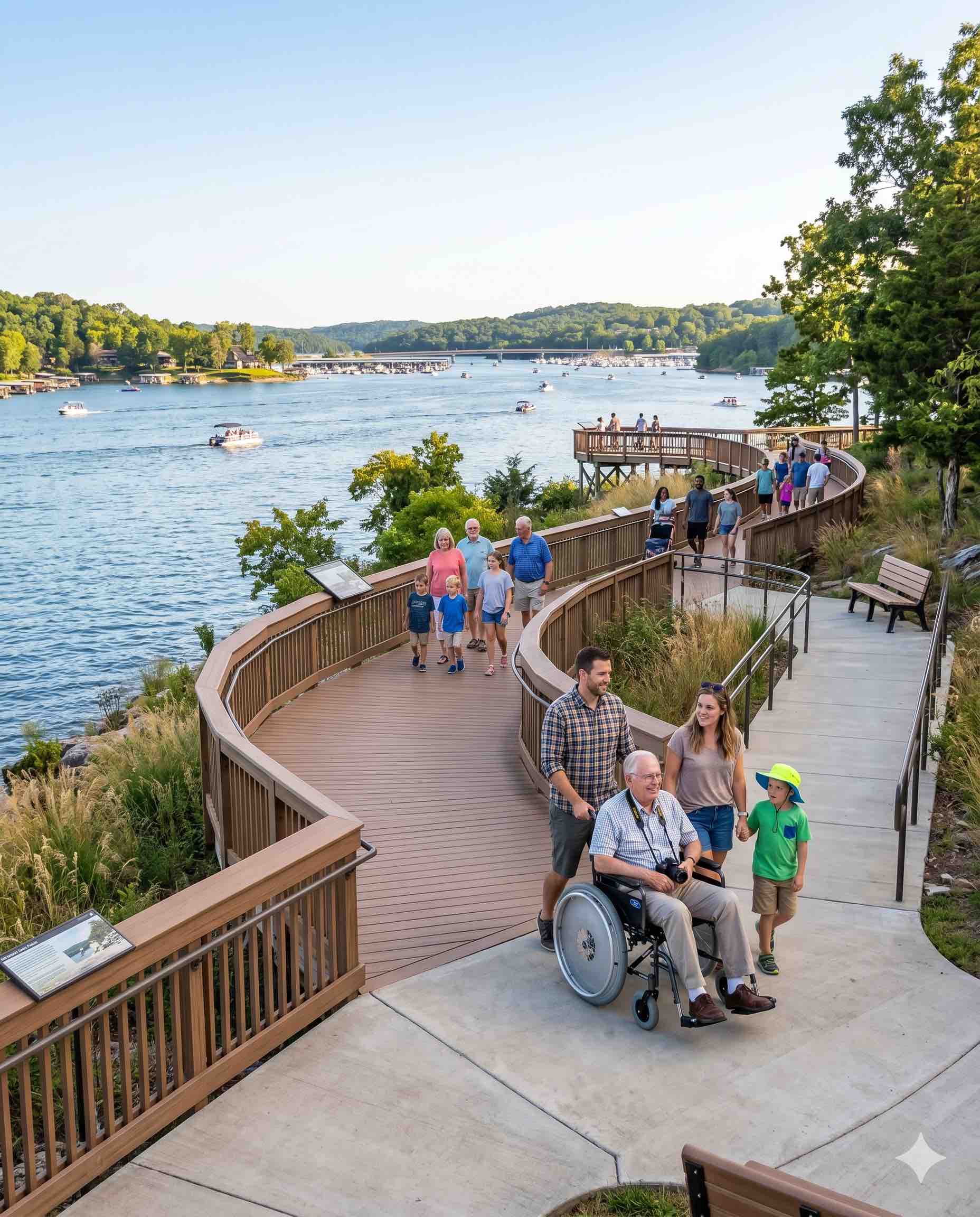 Accessible lakeside boardwalk at Table Rock Lake State Park with families walking