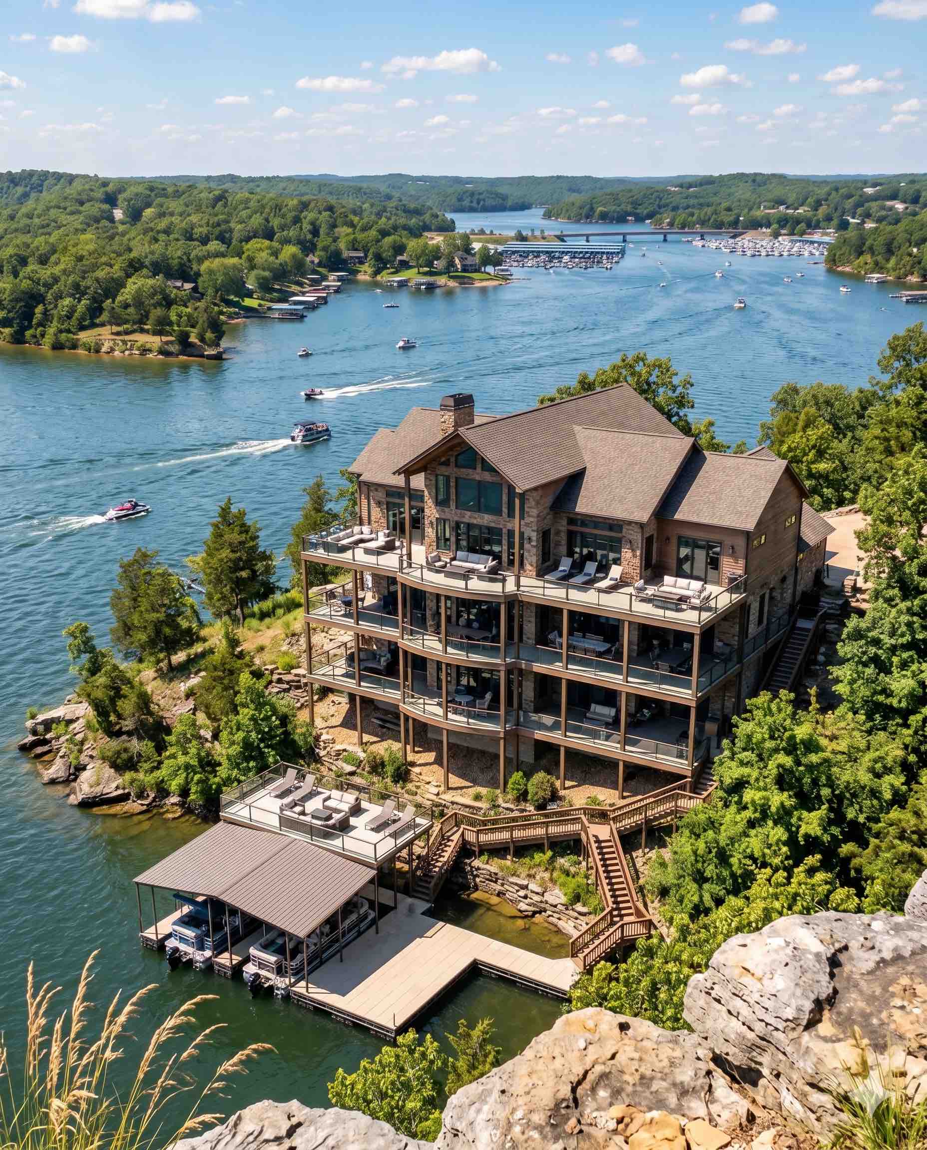 Large lakefront vacation rental at Lake of the Ozarks with private dock and multiple decks