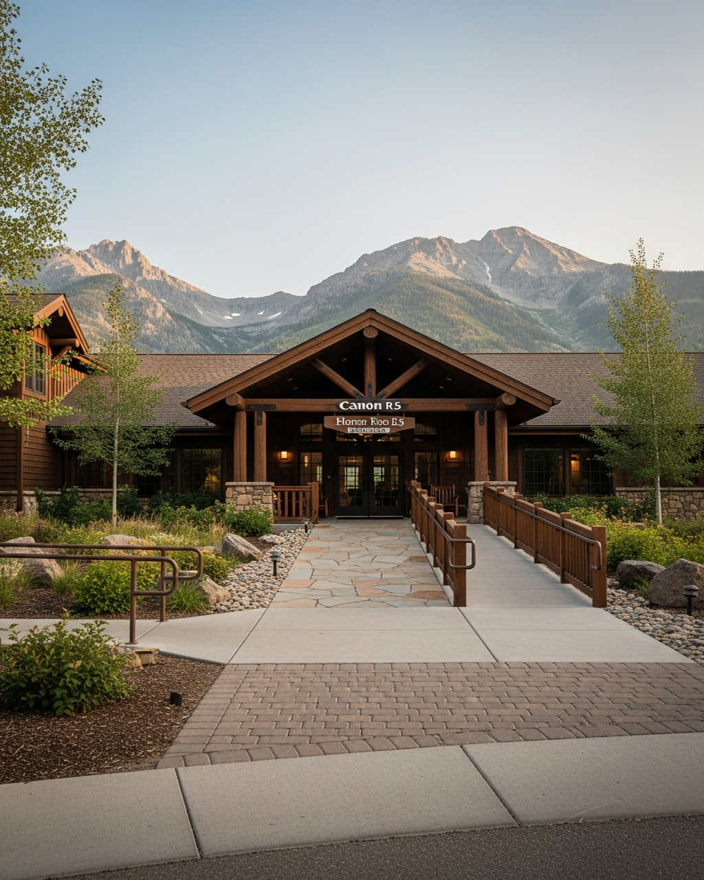Accessible Montana lodge with paved pathways and mountain views