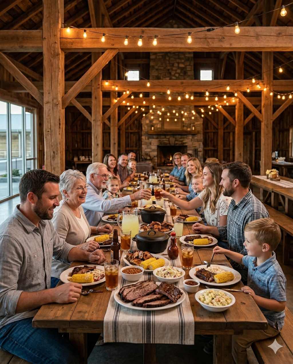 Family-style ranch dinner with large group seated at communal table