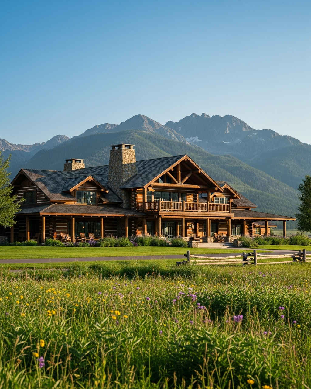 Luxury Montana dude ranch lodge with mountain backdrop