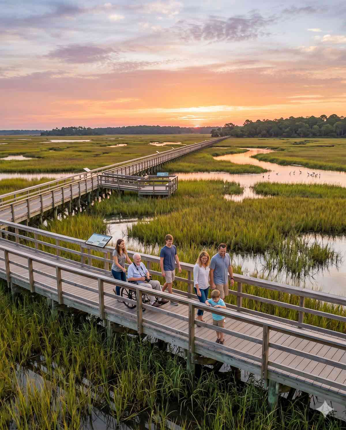 Accessible boardwalk trail through North Carolina coastal marsh with family members