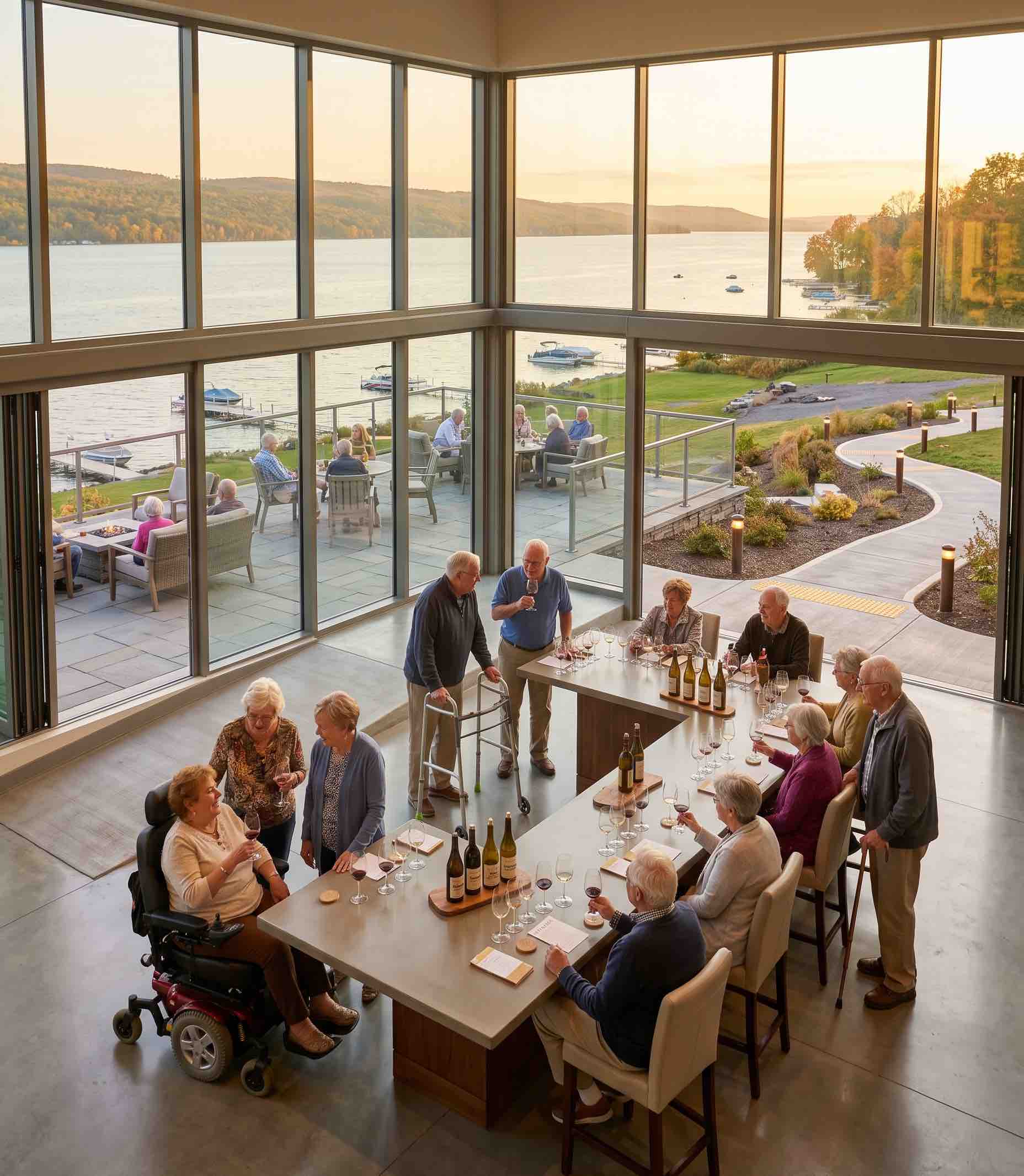 Accessible Finger Lakes winery tasting room with lake views and seniors enjoying wine
