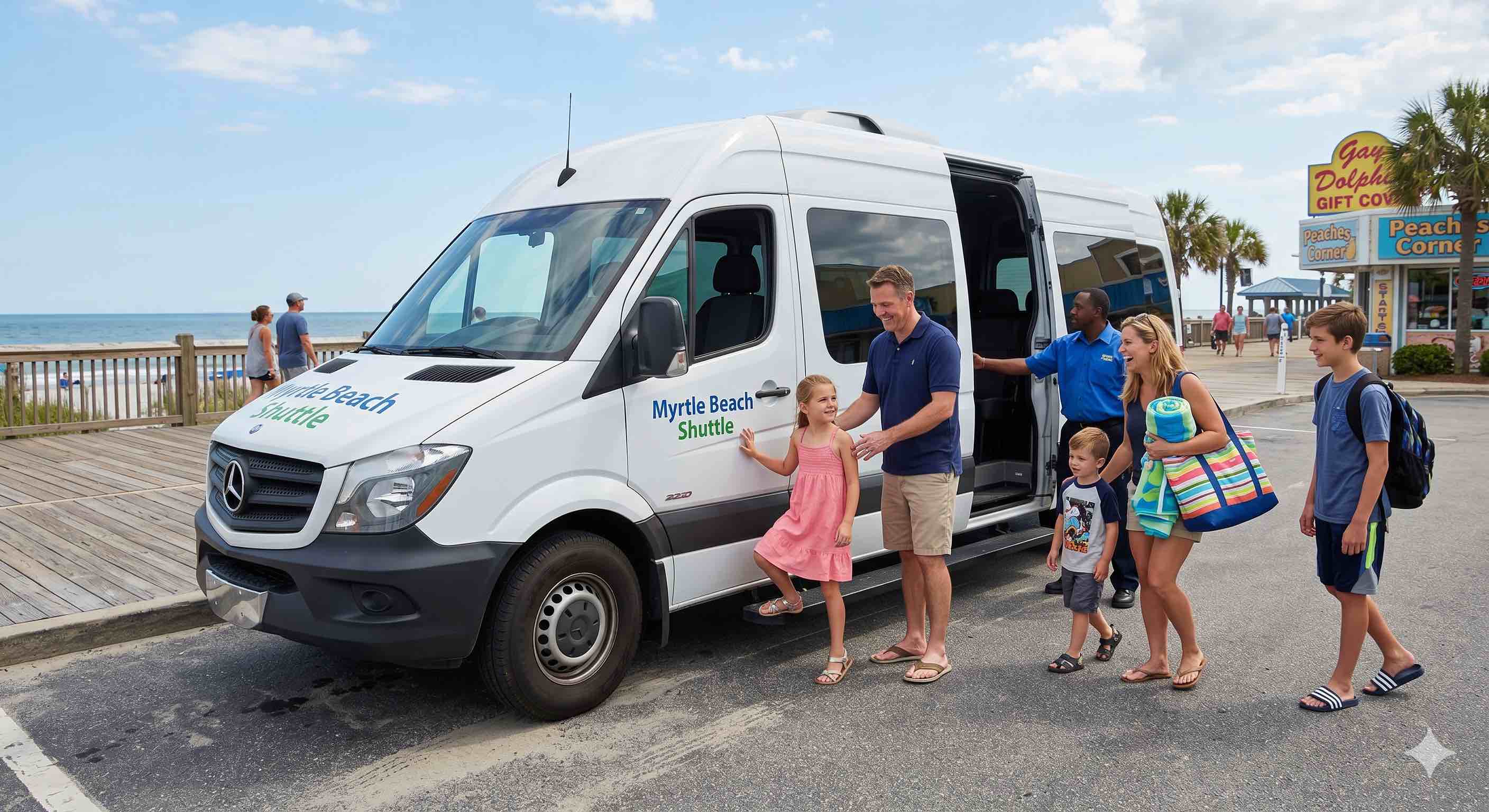 Group shuttle van parked near Myrtle Beach boardwalk with family members boarding