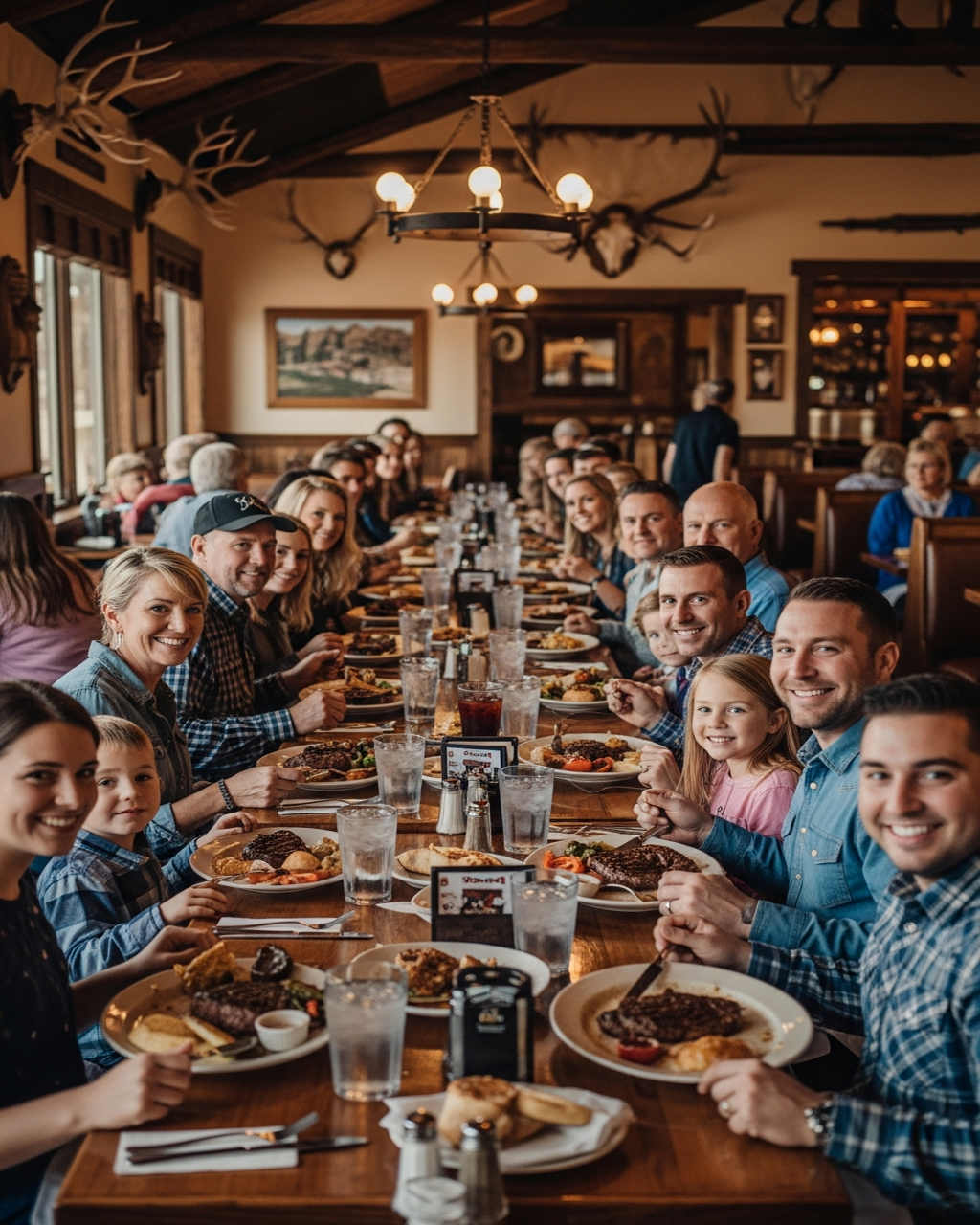Large family group dining at a rustic Black Hills restaurant