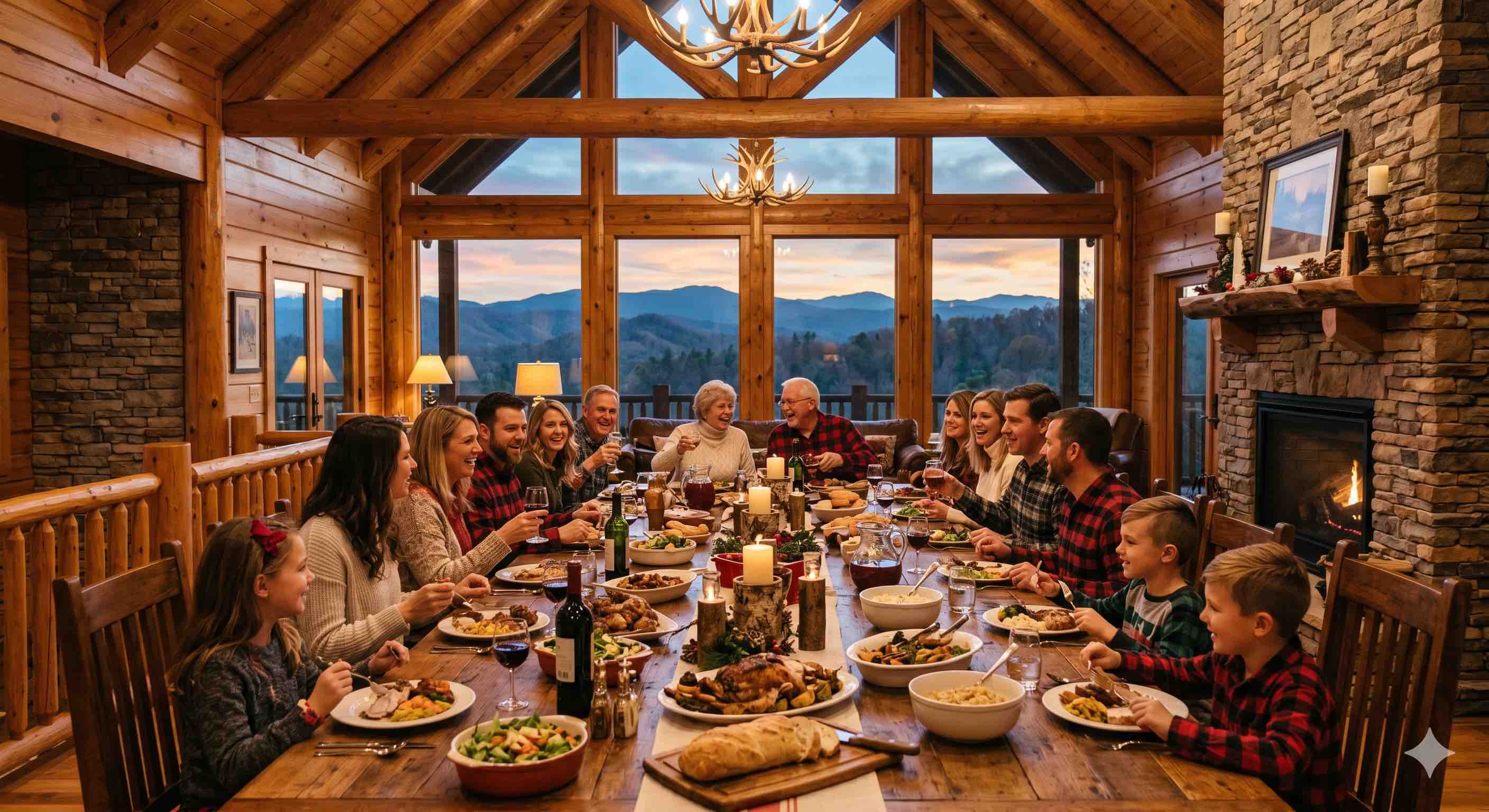 Large family group dining together at a long table inside a luxury Smoky Mountains cabin