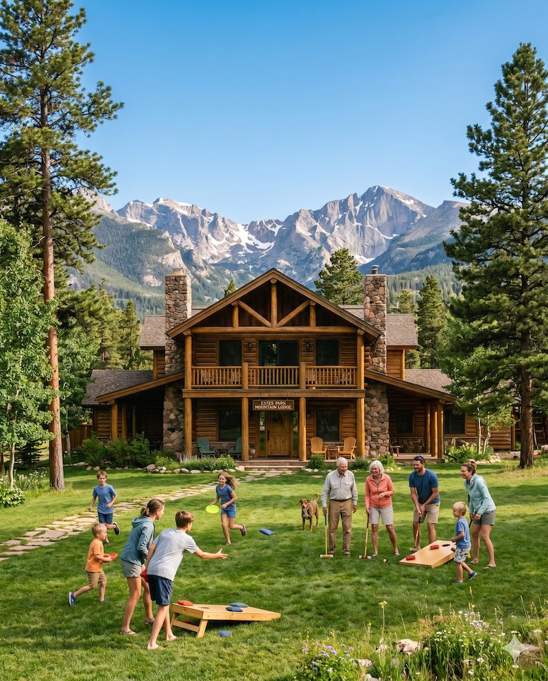 YMCA of the Rockies lodge with mountain backdrop and families on the lawn
