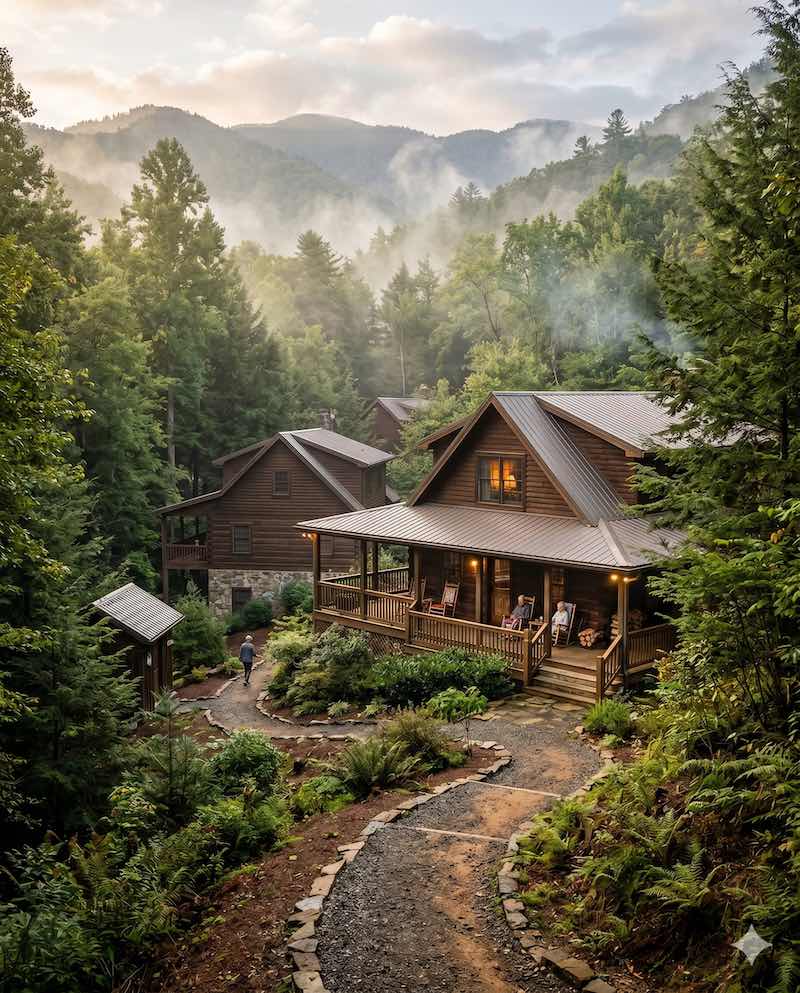 Large family cabin compound in the Smoky Mountains surrounded by forest