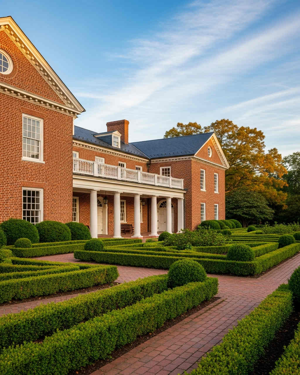 Historic venue in Colonial Williamsburg with brick architecture and gardens