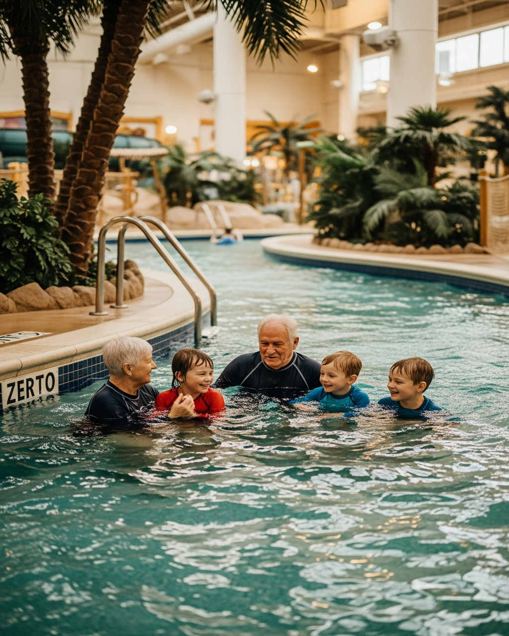 Seniors and children enjoying a lazy river at an indoor waterpark