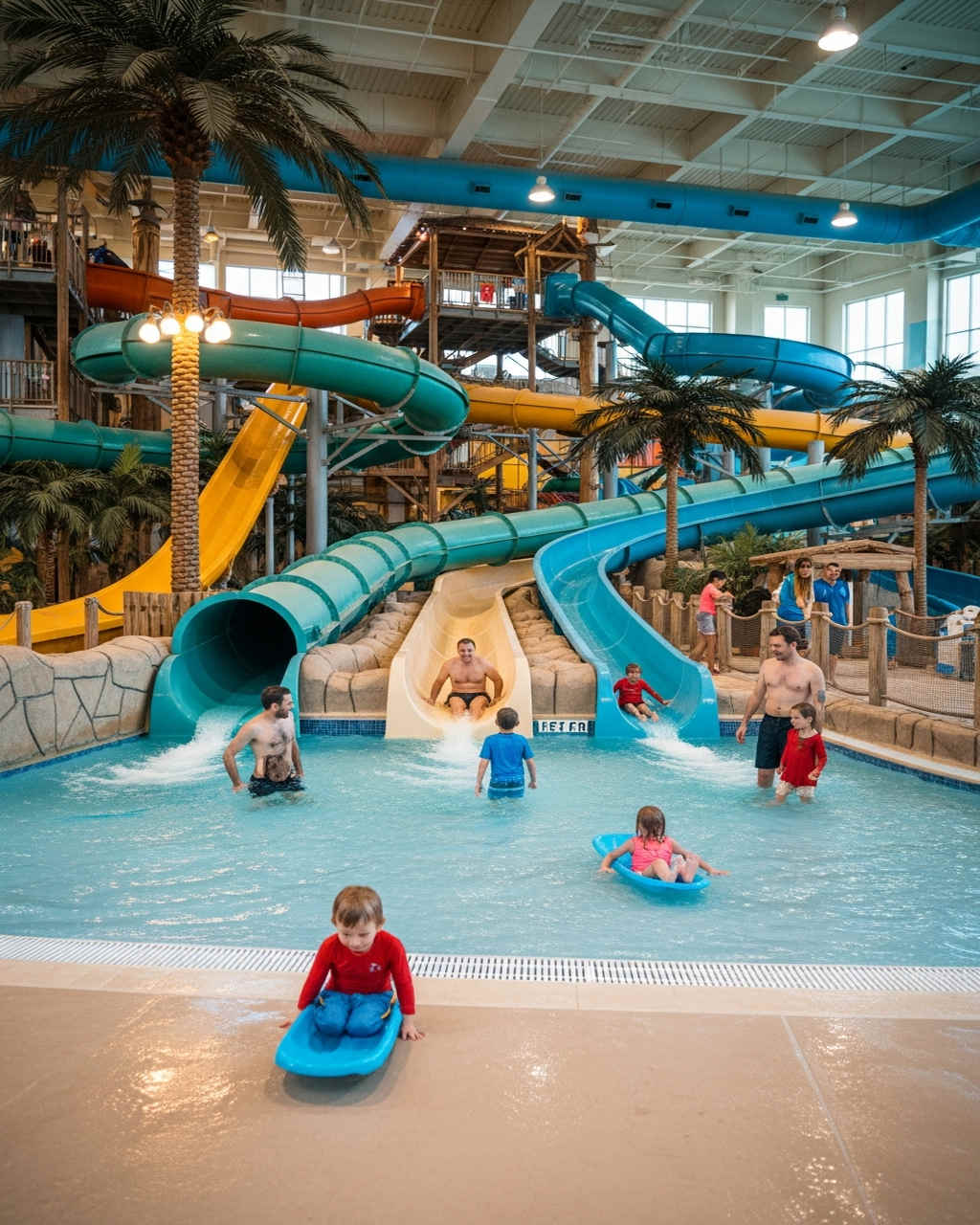 Families enjoying indoor waterpark slides at Wisconsin Dells resort